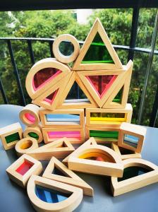 Kids Montessori Wooden Toy Sensory Rainbow Mirror Blocks Solid Rubber Wood Stacking Acrylic Buliding Stacker Educational