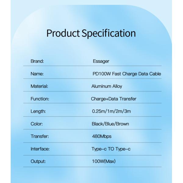 Essager USB charging Data Cable 100W 60W Type C to Type C Cable For Mbk Huawei