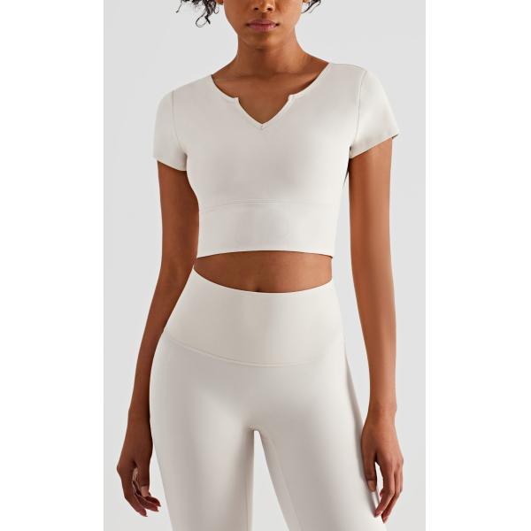 Short Sleeve Padded V Neck Athletic Crop Tops Built In Bra Shirts