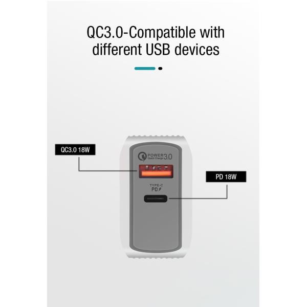 2 Ports USB C PD Wall Charger , QC 3.0 18W USB Type C Wall Adapter For IPhone 12