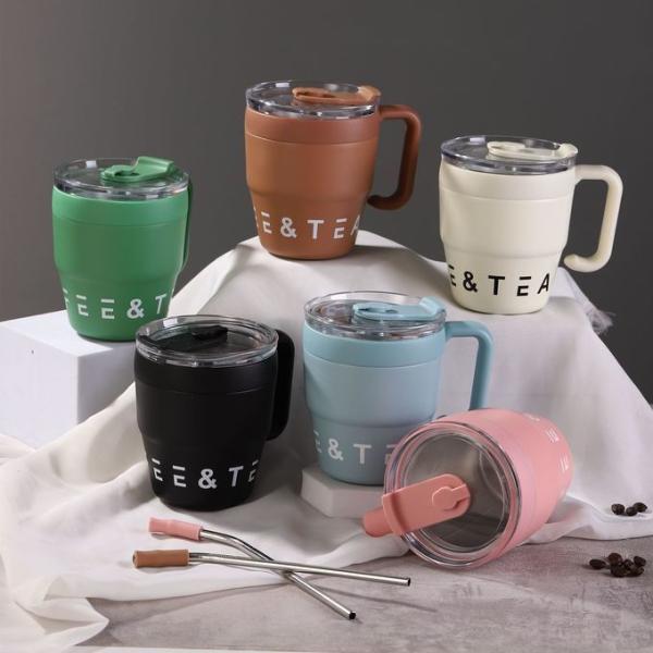 Coffee Cup With Handle And Straw Lid 480ML Travel Mug Water Cup Milk Mug Stainless Steel Material Suitable For Drinks Handle Straw Cup