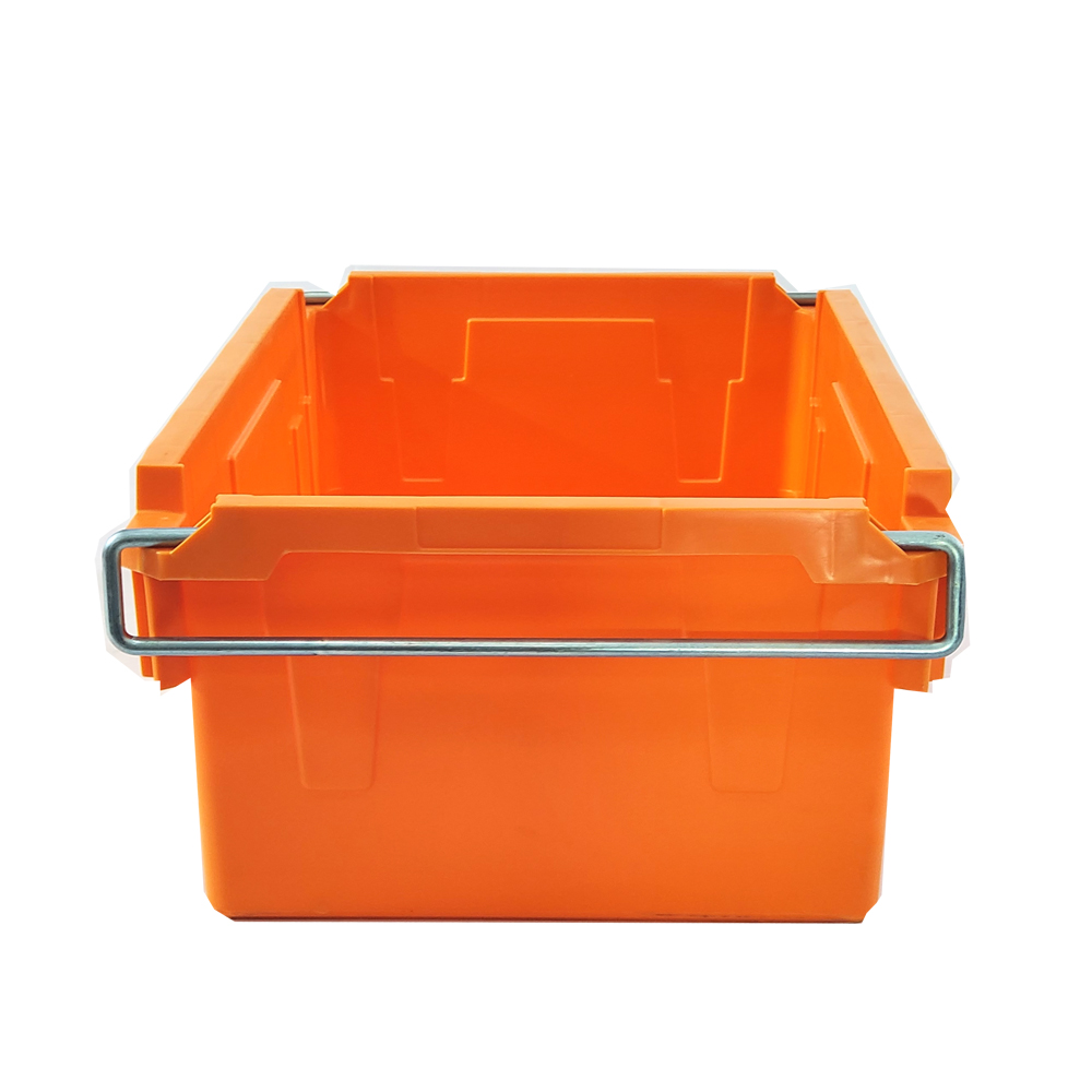Orange Plastic Milk Crates Injection Plastic Box With Metal Handle Nesting Small