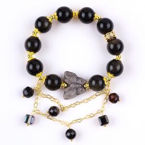 China Semi-Precious Stone Golden Obsidian With Silver Obsidian Butterfly Round Shape Bead Bracelet on sale