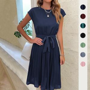 China                  New European and American Skirt Summer Vacation Women&prime;s Lace up Solid Color Pleated Dress              wholesale