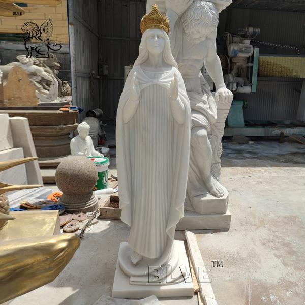 Marble Virgin Mary Statue Sculpture Golden Crown Catholic Religious Queen Statues White Stone Carving Life Size