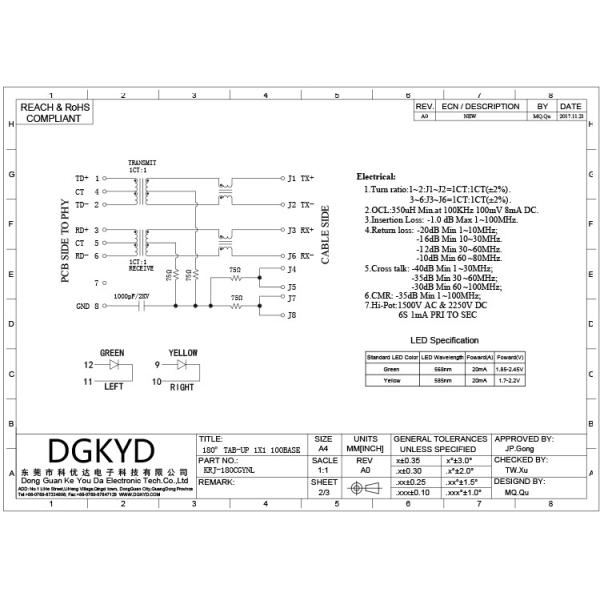 KRJ-180CGYNL Vertical entry 100 BASE RJ45 Shielded Ethernet Connector with LEDS