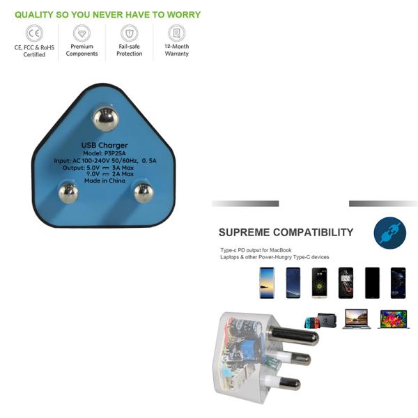 SA Plug USB Charger with USB-C and USB-A Ports 5V 3.4A