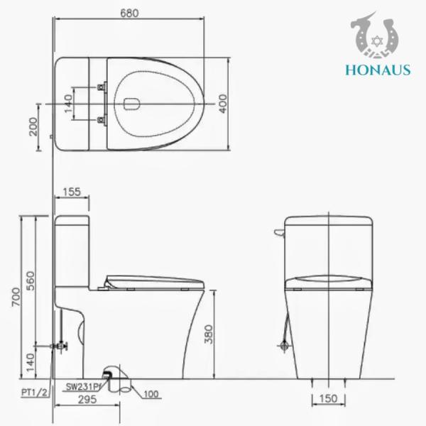Modern Hotel Two Piece Toilet Bowl Elongated 305mm S Trap Floor Mounted Wc