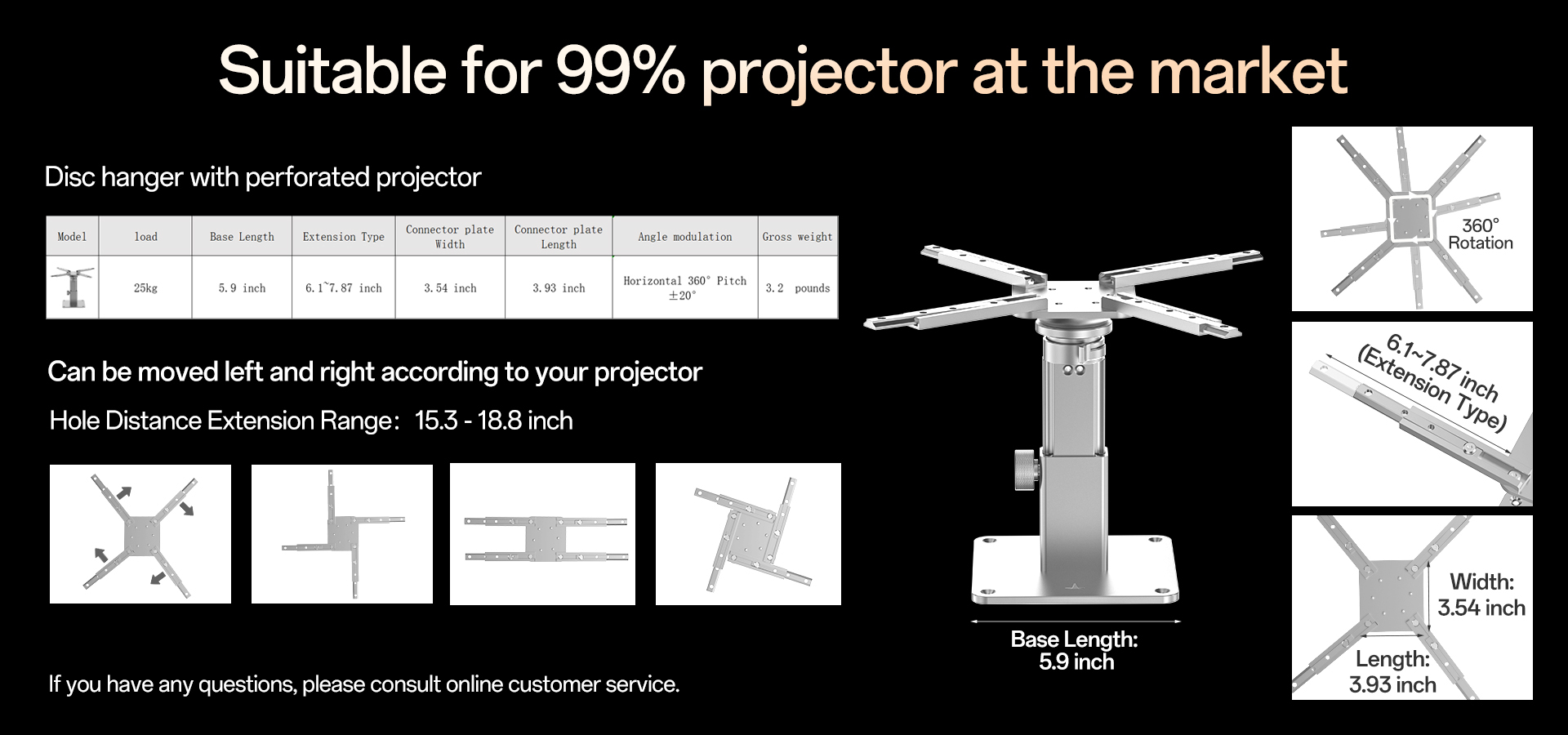 Aluminum Alloy Projector Mounting Brackets Touch Control Adjustable Height Projector Mount