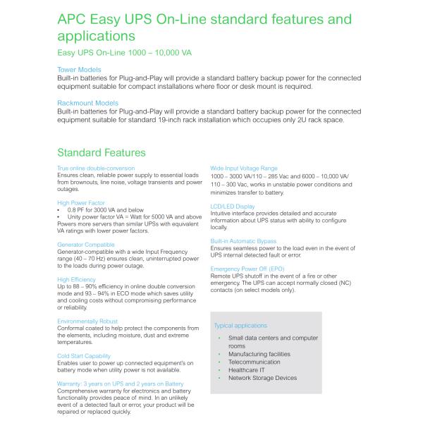 APC Easy UPS On Line 1kW-10kW Tower 230V Hard Wire 3-Wire(1P+N+E) Outlet