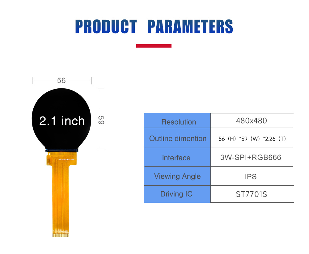 2.1 Inch Circular TFT LCD Display 480x480 Resolution SPI+RGB IC ST7701S