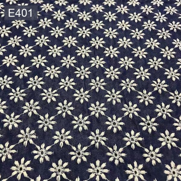 Blue Embroidery Pattern Knit Jean Denim Fabric 54.5" Stretch Denim Material