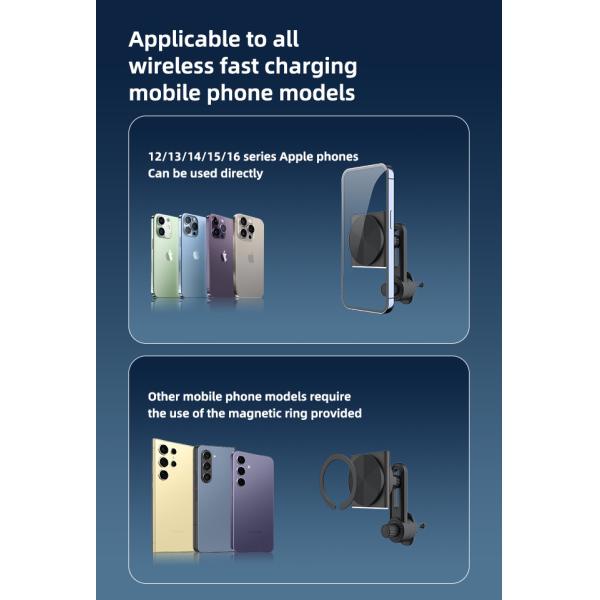 Iphone Car Charger Super Strong Magnetic Suction 360-Degree Rotation Wireless 9-Color RGB Light Fast Charging