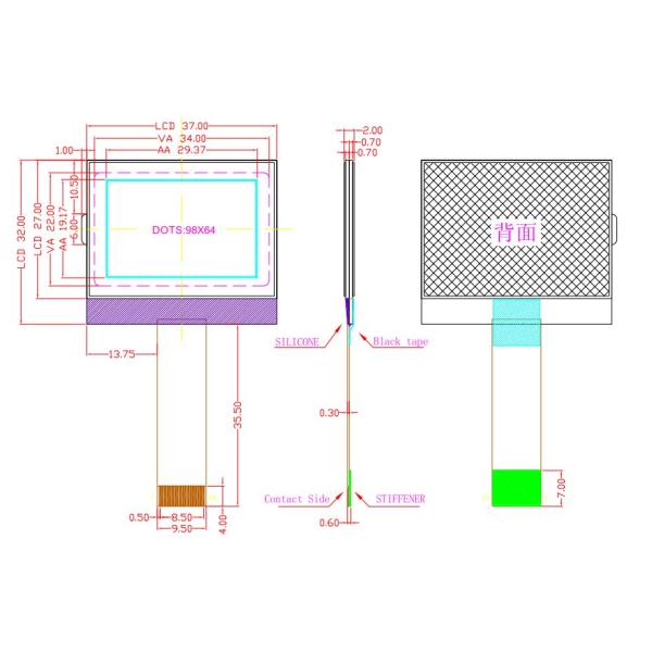 Customize Positive Non Normal Mono 98 64 Dots COG LCD Module