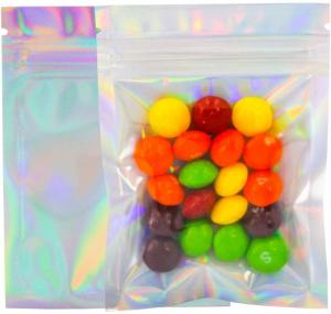 China Custom Design Holographic Rainbow Clear Zipper Plastic Three Side Packaging Bag on sale