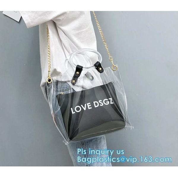 Promotional fashion soft pvc tote beach bag pvc handbag, handbag min min handbag for kids, Zipper Pocket Clear Beach Han