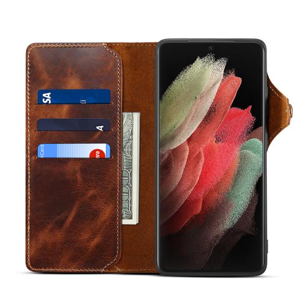 Popular Samsung Apple Huawei S25Ultra Waxed Cowhide Mobile Phone Leather Case S24 Genuine Leather Case S22 Wallet Protection