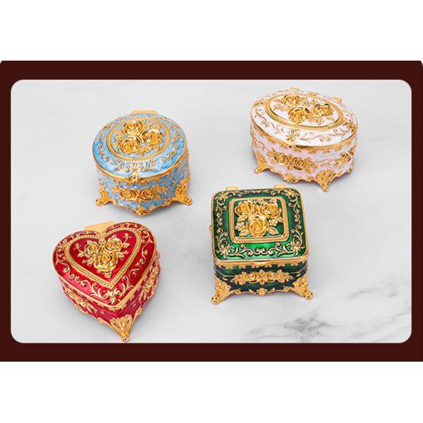 Gold Blue Rose Enamel Oval Metal Jewelry Storage Organizer Box Compact Size 8.9x5.9cm For Weddings, Anniversaries