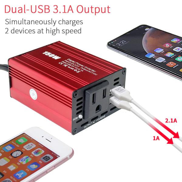 RED 150W Portable Car Inverter Dual USB Power Converter 12V DC to AC 110V 220V Modified Sine Wave USB output 5V 2.1A