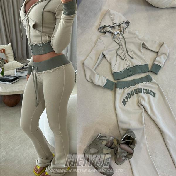 Distressed Embroidery Patchwork Womens Sweat Suit With Zip Up Hoodie Anti Bacterial