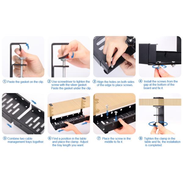 No Drill Under Desk Cable Management Tray 21.7" Retractable Clamp Mounted Cord Organizer for Wire Management
