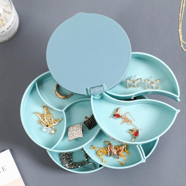 Plastic Blue Rotating Jewelry Organizer Box Compact Storage Case
