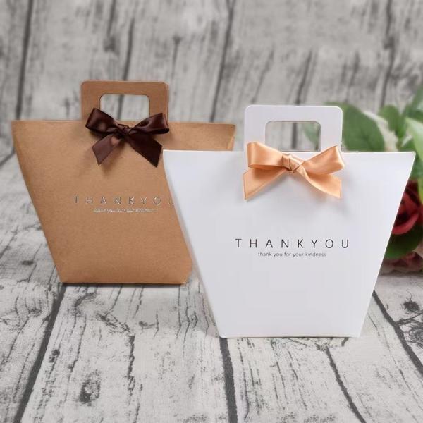 Custom Logo White Kraft Present Paper Bags 9.5*9*12cm French Gift Bag With Ribbon