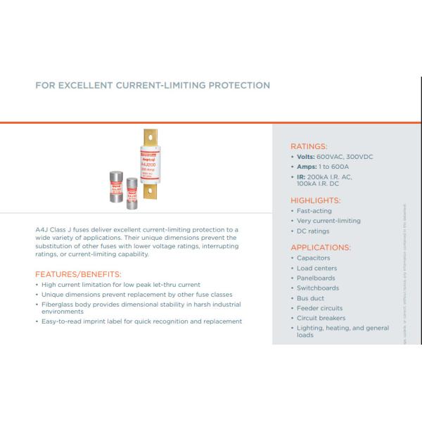 A4J80 A4J60 A4J1 TO A4J225 Fast-Acting Fuse FOR EXCELLENT CURRENT-LIMITING PROTECTION