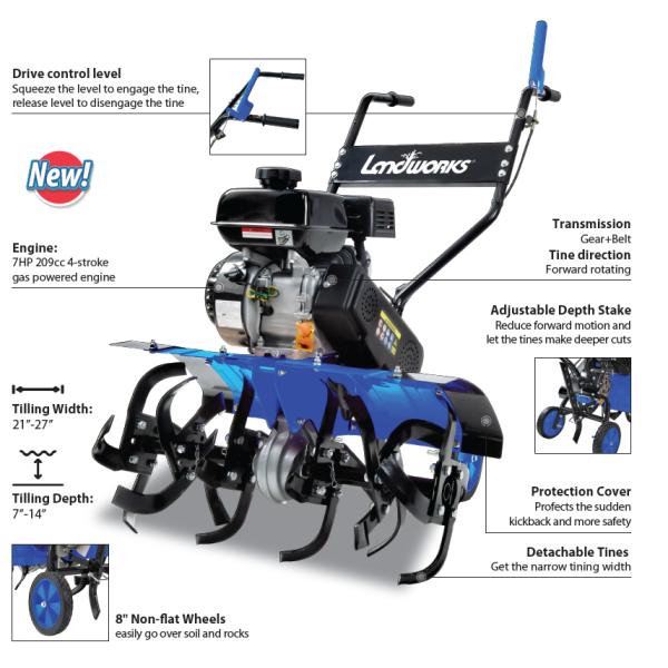 7HP 209cc 4 Stroke Gas Powered Engine Tiller With Adjustable Depth Stake