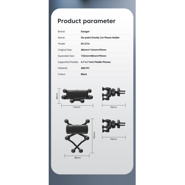 ESSAGGER 2022 Tourist Six-Point Design Stable Gravity Car Mount Phone Holder