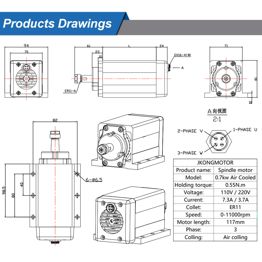 CNC Milling 700w ER11 110v Air Cooling Spindle Motor With Inverter