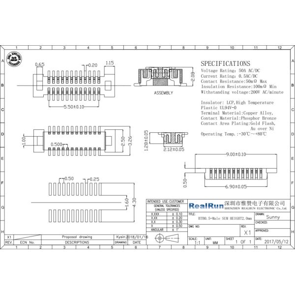 0.5A 0.5mm Pitch PA6T BTB Connector 24 Pin DC 500V PCB Header Connector