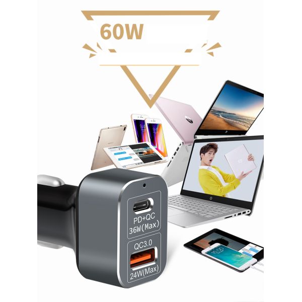 Type C PD QC3.0 Dual Port 60W Cell Phone Car Charger