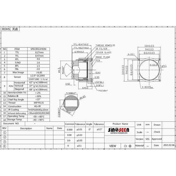 1/2.9 Inch F2.6 Camera Module Lens Security M9 Camera Lens For Smart Home