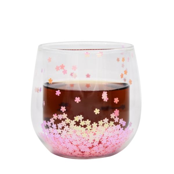 Customized Double Wall Glass Coffee Cup Decorative Glitter Tumbler Drinking Glasses