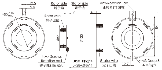 Industrial Bus Signal Slip Ring Rotary Joint Electrical Connector Hole 50mm OD 130mm