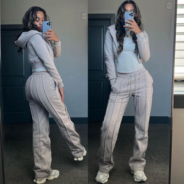 Custom Distressed Embroidery Crop Top Tracksuit Zip up Hoodie Joggers Pants Women Distressed 2 Piece Sweatpants and Hoodie Set