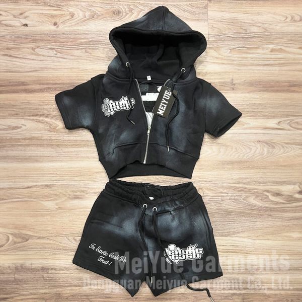 Custom Cropped Top Acid Washed Vintage Zip up French Terry Zip up Hoodie Women Ladies Jogging Suit Hoodie and Shorts Set