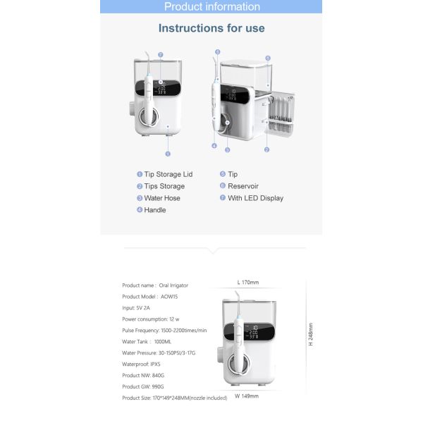 IPX5 Waterproof Cordless Dental Flosser with UV Disinfection 1000ml Oral Irrigator Electric Family Water Flosser