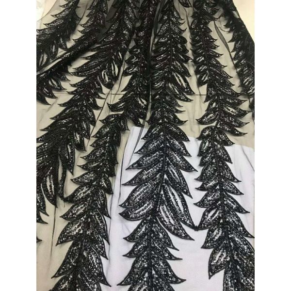 Blue Shiny Embroidered Leaf Lace Fabric With Beads And Sequins 120CM Width