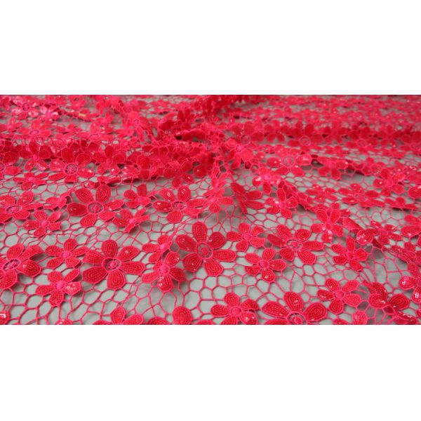 Chemical lace with Red/Pink /Orange Color + Embroidery 3 mm Sequin Lace Fabric