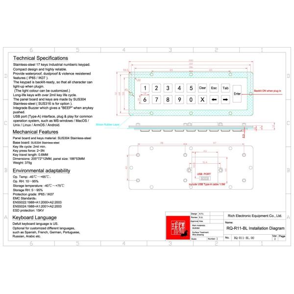 IP65 / IK07 Waterproof USB Stainless Steel 17 Keys Backlit Keypad Industrial Numeric Keypad With Backlit Rear Panel Mounted -40℃