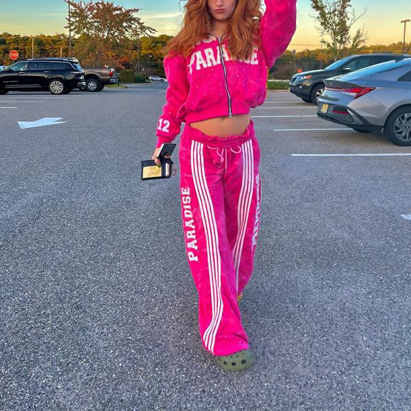 Custom Manufacturer Sweatsuit Acid Wash Distressed Zip up Rhinestone Cropped Hoodie and Sweatpants Outfits Set Women Tracksuit