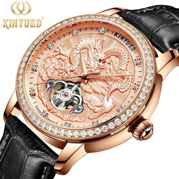 Quality Dragon Embossed Automatic Mechanical Watch Rose Gold Metal Case for sale
