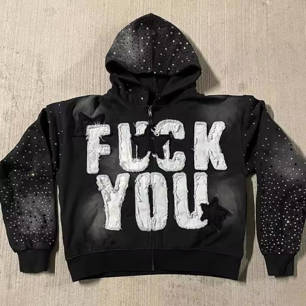 Custom Applique Embroidery Distressed Hoodie Rhinestone Zip Up Jacket Acid Wash Vintage Washed Men Fleece Streetwear Hoodie