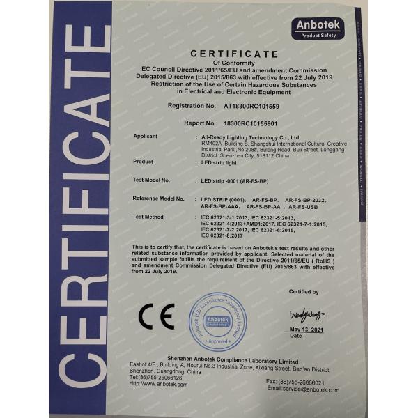Shenzhen All-Ready Lighting Technology Co., Ltd Certifications