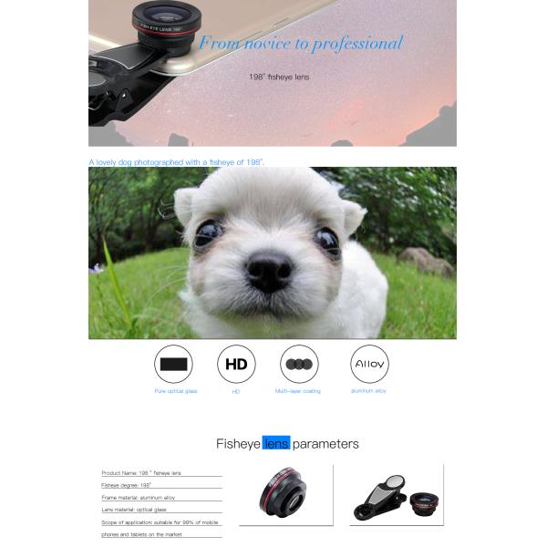 Mobile Phones Close Up Macro Lens , Macro Zoom Lens 198° Fisheye With Clip