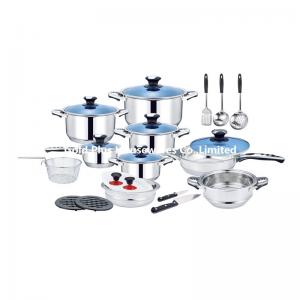 China Pots and pans 25pcs non stick soup pot stainless steel kitchen utensils long handle noodle pot with blue glass lid wholesale