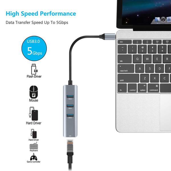 USB 3.1 Interface Type C To 9 Ports USB A 3.0 Adapter With RJ45 Gigabit Ethernet Network Card Gray