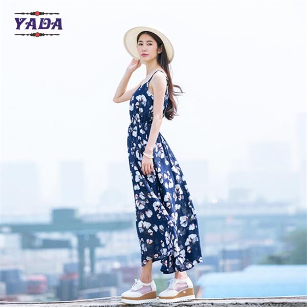 Summer beach floral spaghetti straps maxi latest party designs 100% cotton white dress with good quality